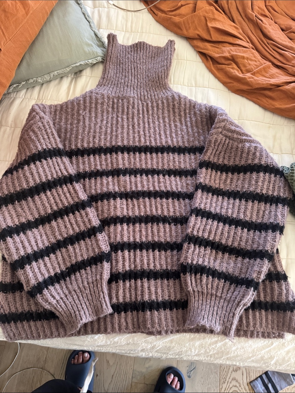 Line & Dot Lavender and Black Striped Ribbed Turtleneck Sweater